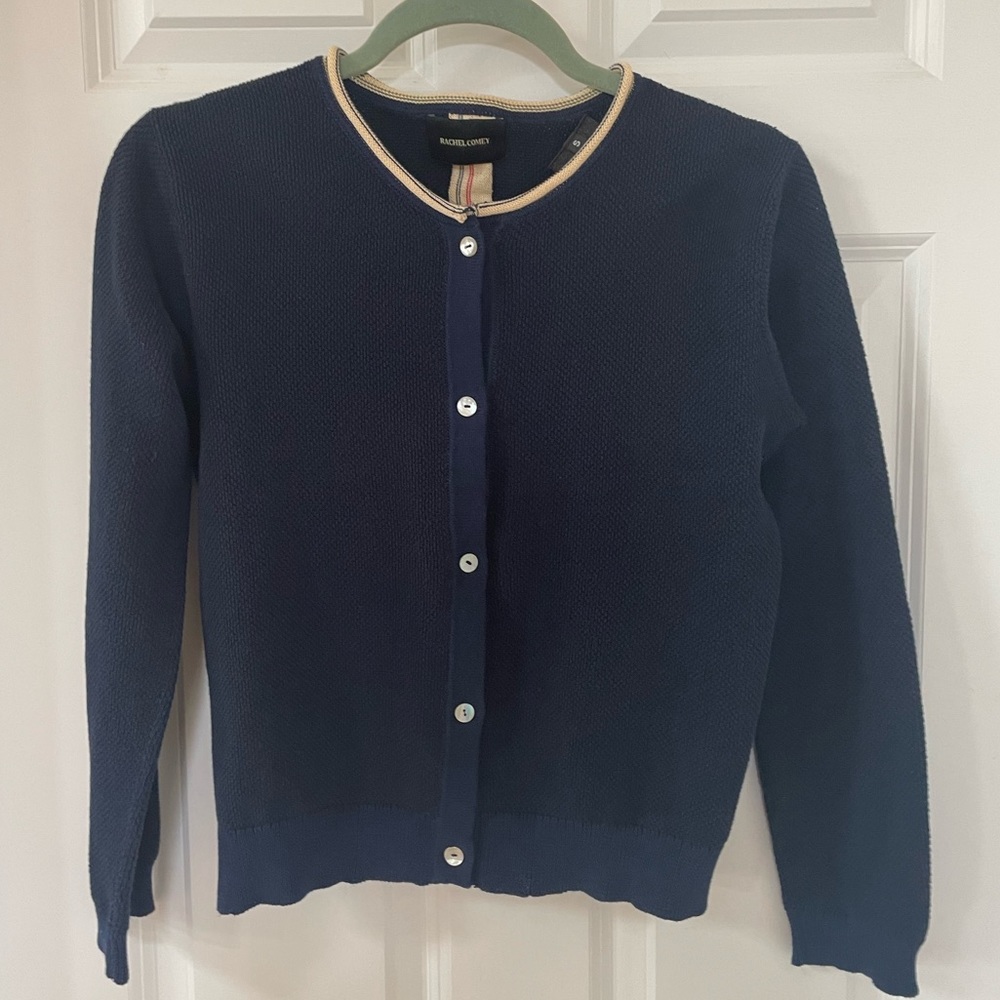 Rachel Comey navy & black knit Cotton Cardigan sweater w/ back stripe size Small